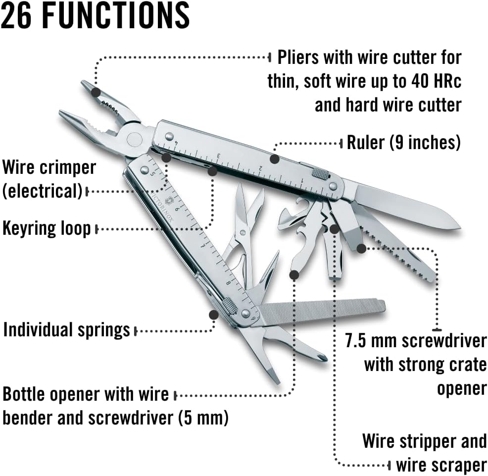 Victorinox Swiss Tool Swiss Army Knife, 24 Function Swiss Made Multi-Tool with Needle-Nose Pliers, Wire Cutters and Large Blade - Silver