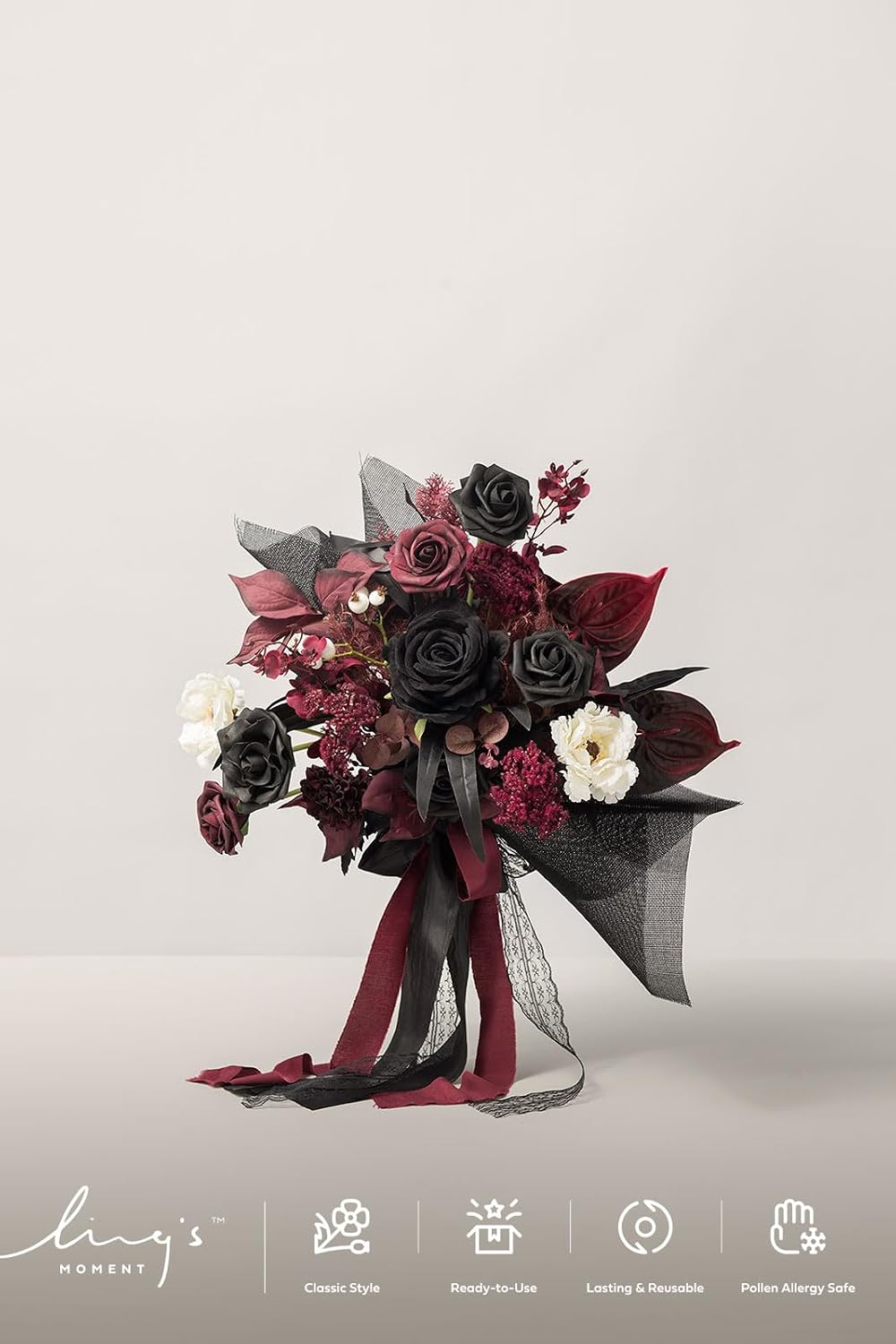 Ling's moment Wedding Artificial Flowers Package, Bridal Bouquet, Bridesmaid Bouquets, Boutonniere for Men, Rose Petals.Black Baccara Red