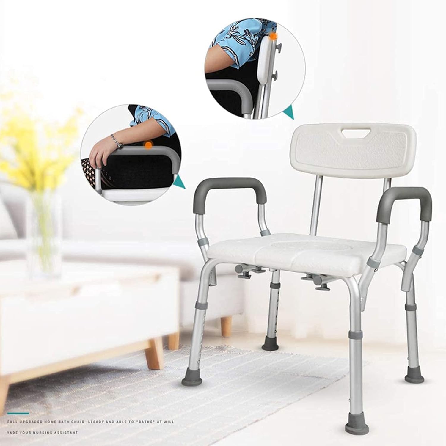 Shower Chair, Height Adjustable, Shower Seat for Elderly Heavy Duty U-Shaped Cutout, Adults and Disabled Aid Commode Seat with Arms and Back Mat, Bath Lift Toilet Chair Show (White a)