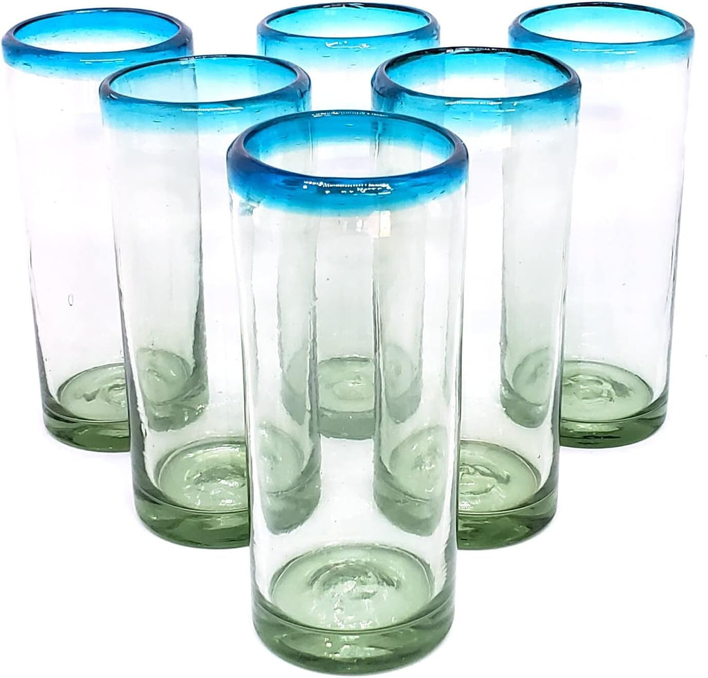 Aqua Blue Rim 15 oz Highball Glasses (set of 6), Recycled Glass, Lead-free, Toxin-Free (Highball)