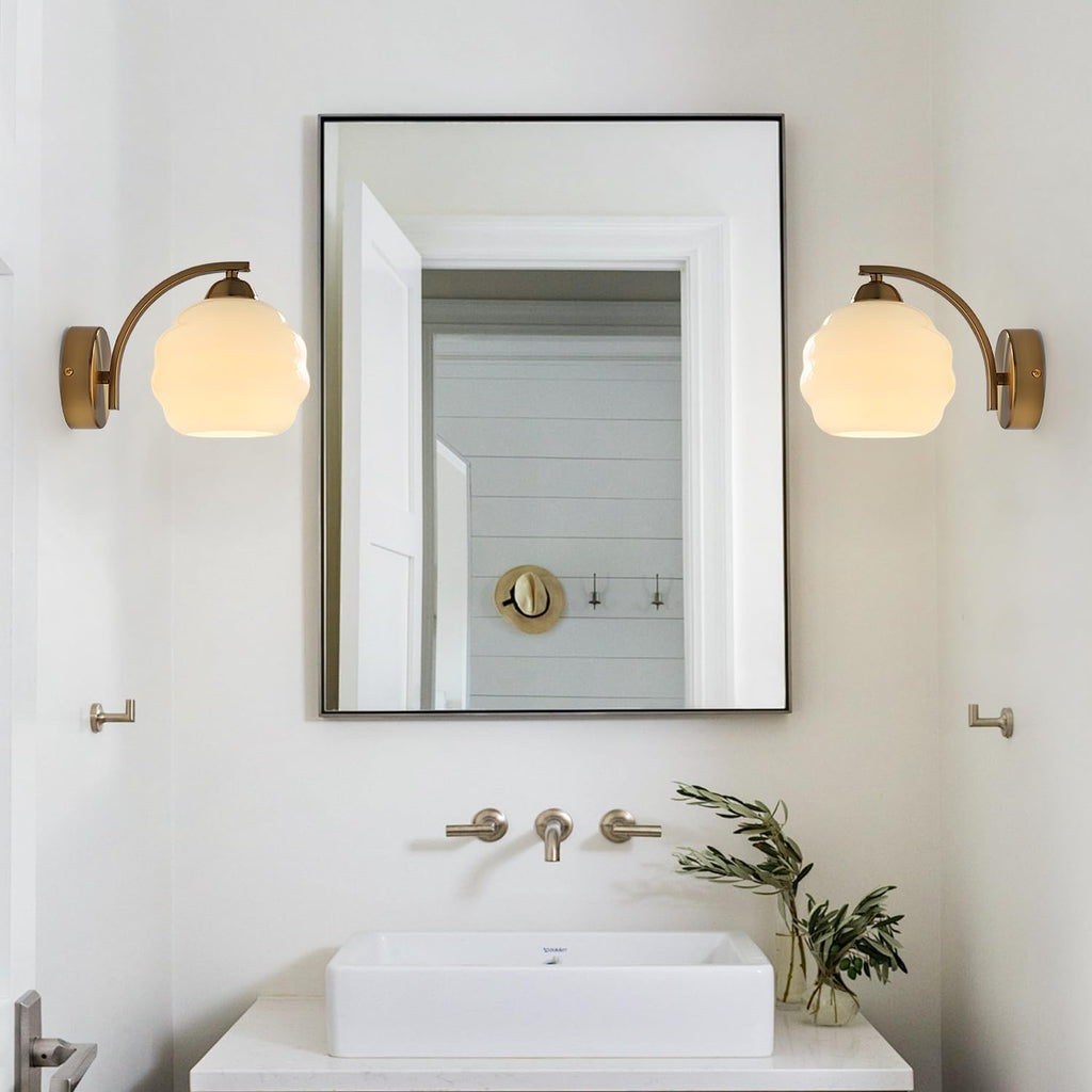 Milk Glass Wall Sconce Brushed Gold Wall Sconce Globe Vanity Lights Sconces Set of 2 Mid Century Wall Mounted Light Modern Bathroom Sconces Wall Lighting Set of 2 Bathroom Wall Lamp