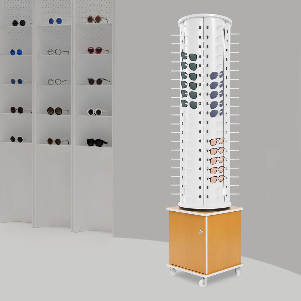 Glasses Display Stand, 114-Pair Eyewear Storage Rack for Sunglasses & Reading Glasses, 360°Swivel Commercial Eyeglass Organizer for Optical Shop, Jewelry Store, Retail Display (White+Yellow)