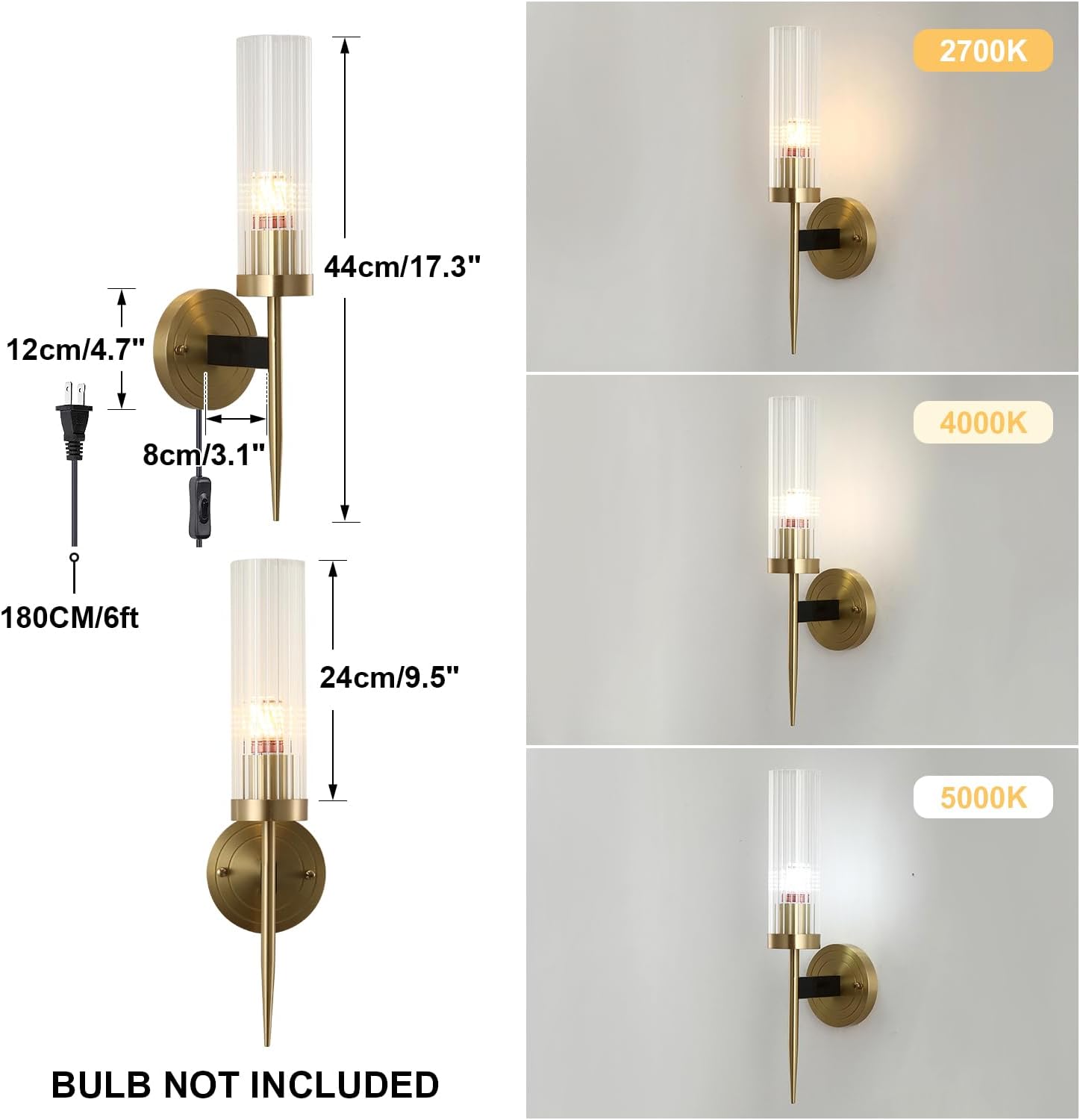 Brass Plug in Wall Sconces Set of Two Indoor Wall Mounted Lights Industrial Vintage Wall Lights Fixture with Clear Glass Shade Wall lamp Set of 2 for Bedside Bedroom Indoor Doorway E26 Base