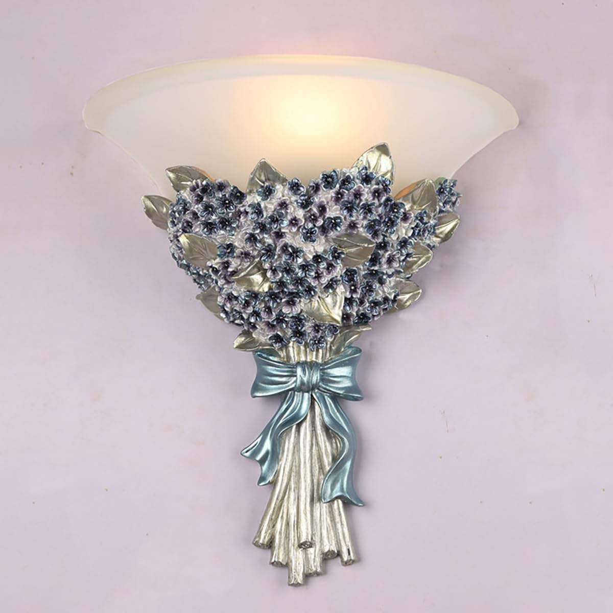 Unique Wall Sconce Flower Light Fixture Vintage Glass Wall Lights Blue Flowers Shape Modern Sconces Lamp Frosted White Glass Shade Gold Resin Sconce Fixtures for Hallway Living Room