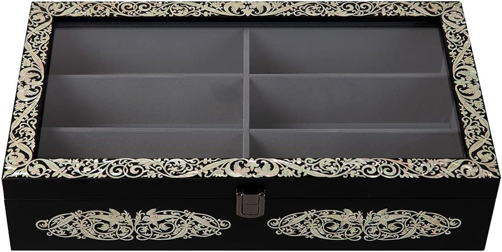 Antique Alive Mother of Pearl Wood Sunglasses Box Eyeglasses Valet Display Storage Case for Glasses, Watches, Jewelry, Trinkets Wooden Accessory Organizer Gift (Archangel Glass Black)