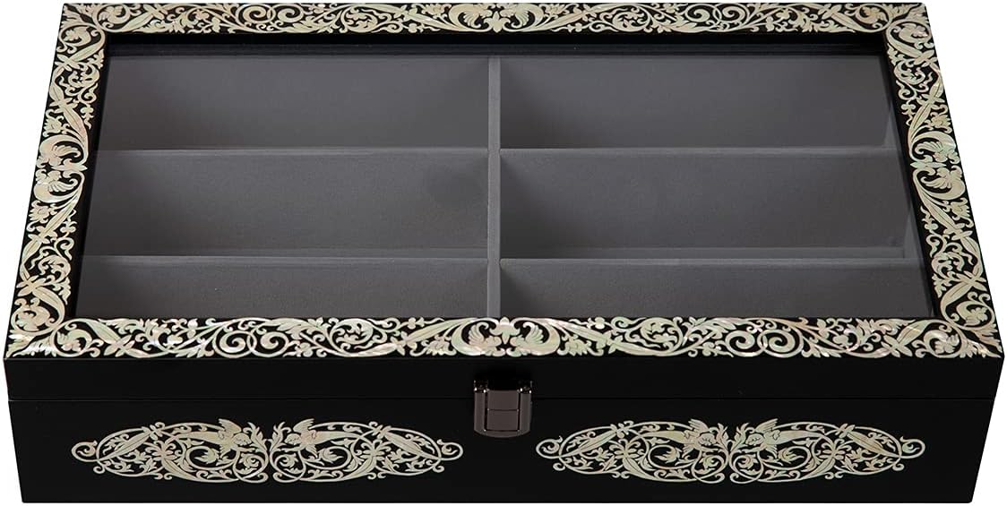 Antique Alive Mother of Pearl Wood Sunglasses Box Eyeglasses Valet Display Storage Case for Glasses, Watches, Jewelry, Trinkets Wooden Accessory Organizer Gift (Archangel Glass Black)