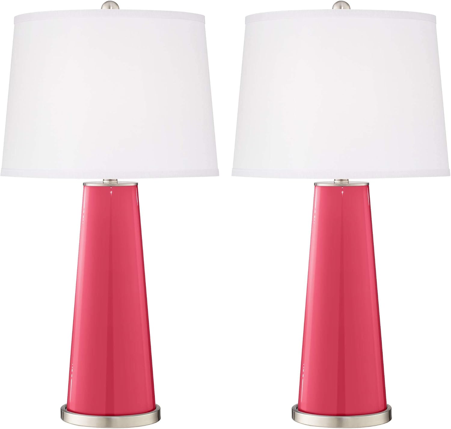 Color + Plus Leo 29 1/2' Tall Cylinder Modern End Table Lamps Set of 2 Eros Pink Brushed Nickel Finish Glass Fabric White Shade Living Room Bedroom Bedside Nightstand House Office Home Reading