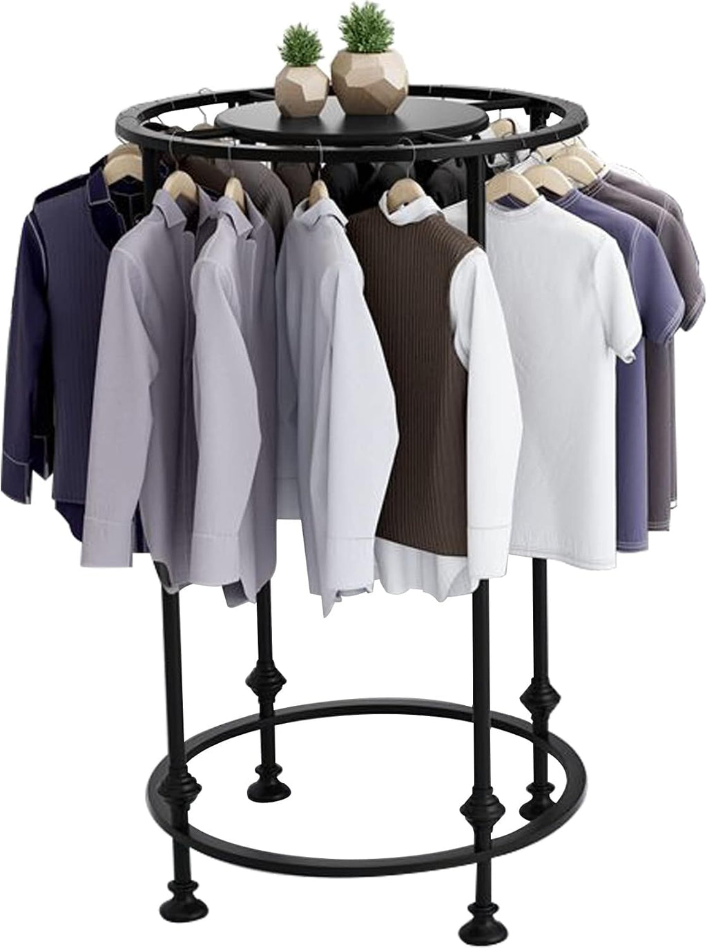 Round Garment Rack, Floor Standing Iron clothes Hanging Rack with Topper, Suitable for Large Shopping Malls Retail, Clothes Boutique Display Laundry Rooms Multi-Purpose Hanging (BLACK)