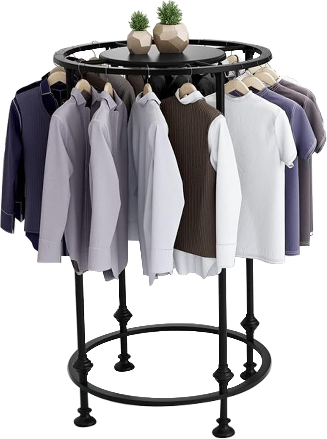 Round Garment Rack, Floor Standing Iron clothes Hanging Rack with Topper, Suitable for Large Shopping Malls Retail, Clothes Boutique Display Laundry Rooms Multi-Purpose Hanging (BLACK)