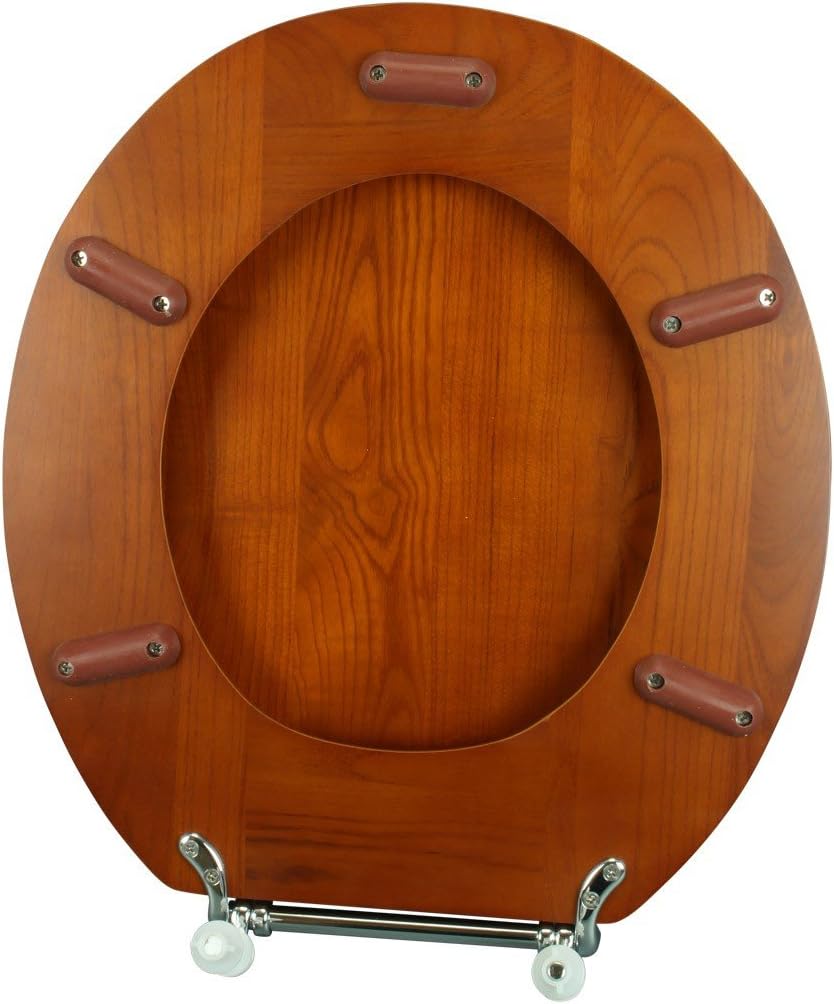 Renovators Supply Manufacturing™ Light Oak Wooden Round Toilet Seat with Chrome Hinges & Stabilizers – Solid Hardwood, Durable Cross-Frame Design