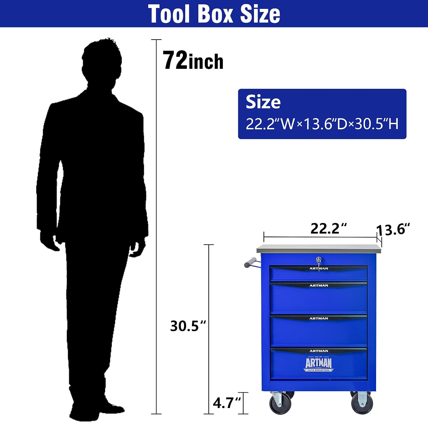 4 Drawers Tool Cart on Wheels with Stainless Steel Worktop, Heavy Duty Mobile Rolling Drawer Tool Chest with Locking Wheels & Lockable Drawers, Garage Tool Storage Cabinet (Blue, 4 Drawers)