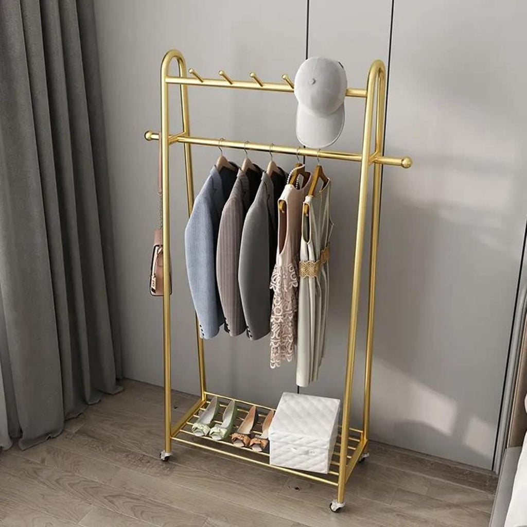 Exquisite Clothes Rail Rack Freestanding Coat Rack Clothes Rack Gold Rolling Garment Rack with Wheels and Bottom Shelves Wardrobe Closet for Boutique Display/100cm