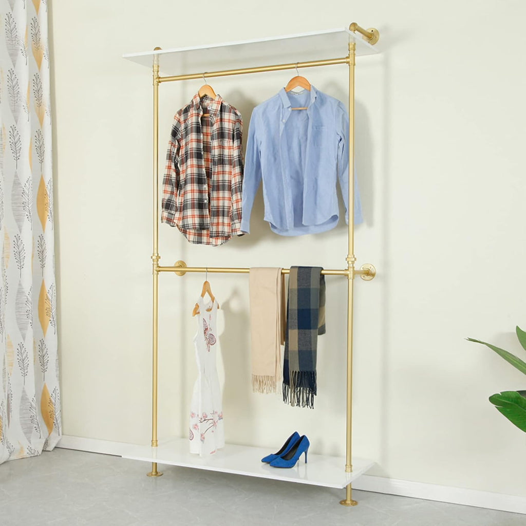 Industrial Clothing Store 2-Tier Pipe and Wood Garment Rack,Wall Mounted Storage Clothes Shoe Bag Hanging Shelves,Retail Shop Clothes Display Stands (Gold, One Pipe Shlef, 47.2' L)