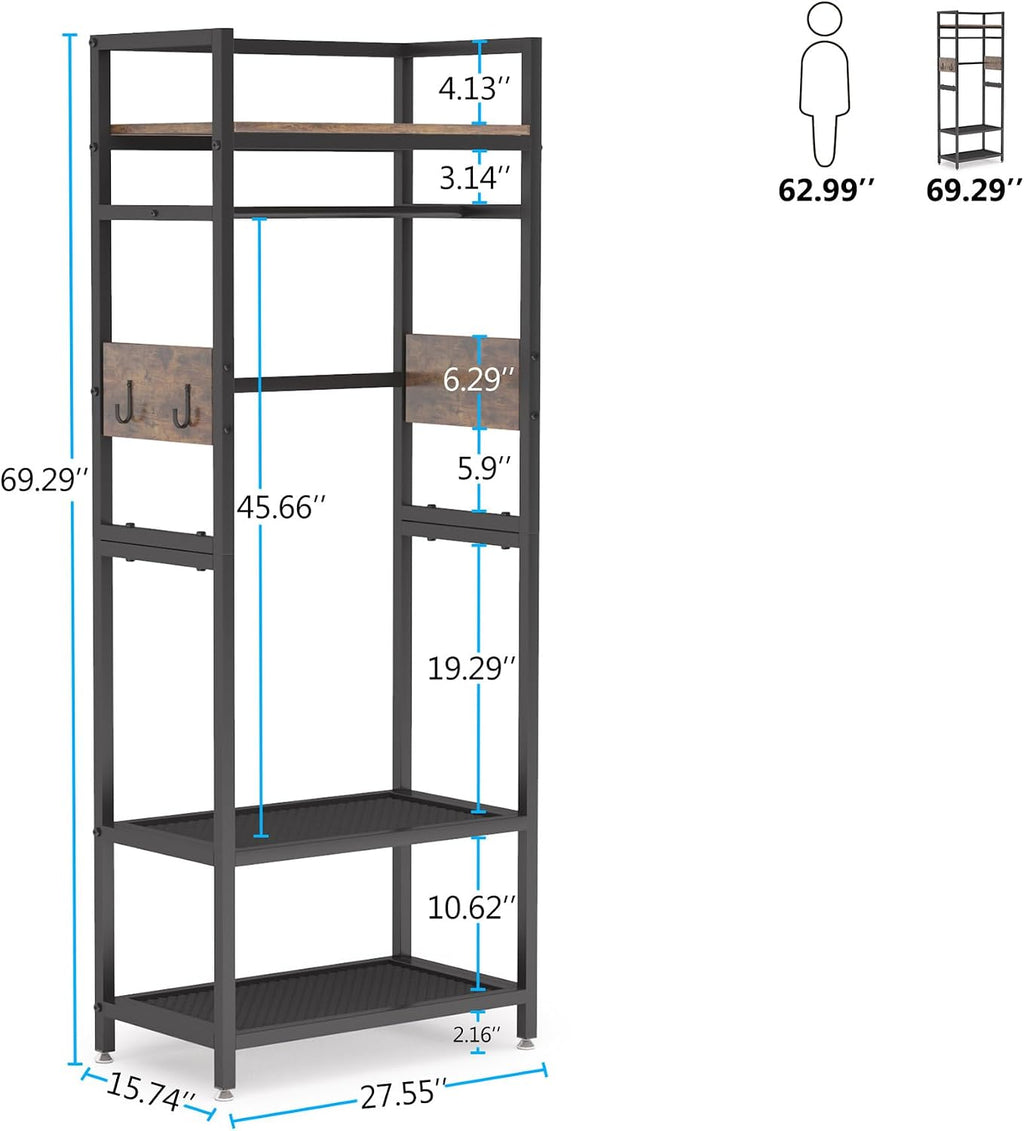 Tribesigns 69-inch Tall Narrow Clothes Garment Rack, Small Heavy Duty Closet Organizer with Shelves and Hooks, Freestanding Clothes Hanging Rack open wardrobe for Bedroom, Brown & Black