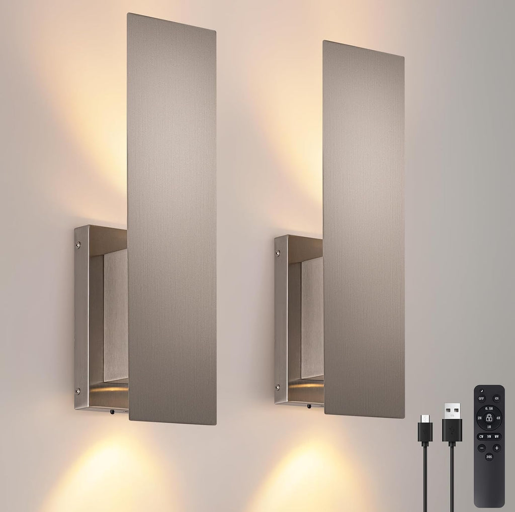 Brushed Nickel Battery Operated Wall Sconces Set of Two,Dimmable Wireless Battery Wall Sconce with Remote,USB Rechargeable LED Wall Lights for Living Room Bedroom Hallway (Brushed Nickel)