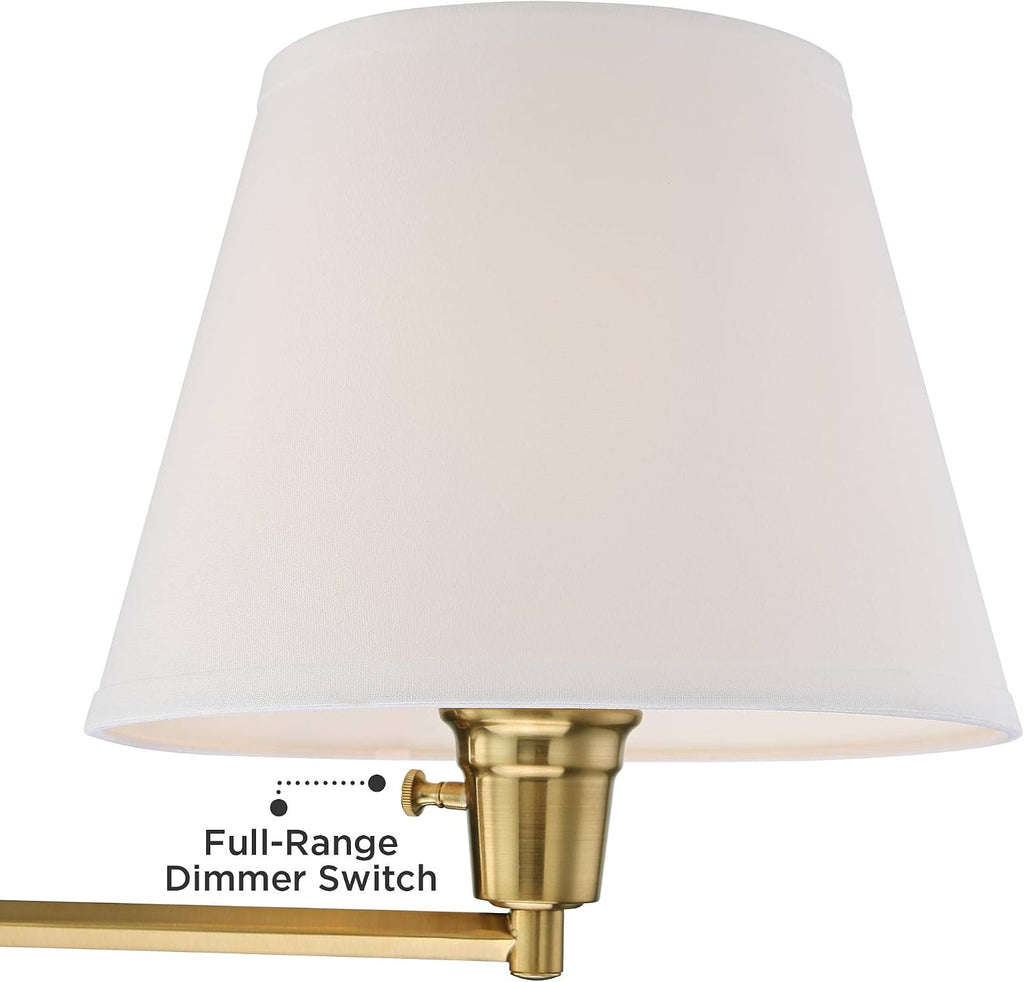 360 Lighting Clement Industrial Swing Arm Wall Lamps Set of 2 Warm Brass Gold Metal Plug-in Light Fixture White Linen Hardback Drum Shade for Bedroom Bedside House Reading Living Room Home