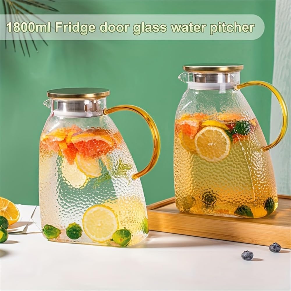 Beverage Serveware 1.8L Glass Water Pitcher With Lid And Spray Nozzle Featuring Handle For Refrigerator Suitable For Hot/Cold Water Ice Tea Juice Water Carafe