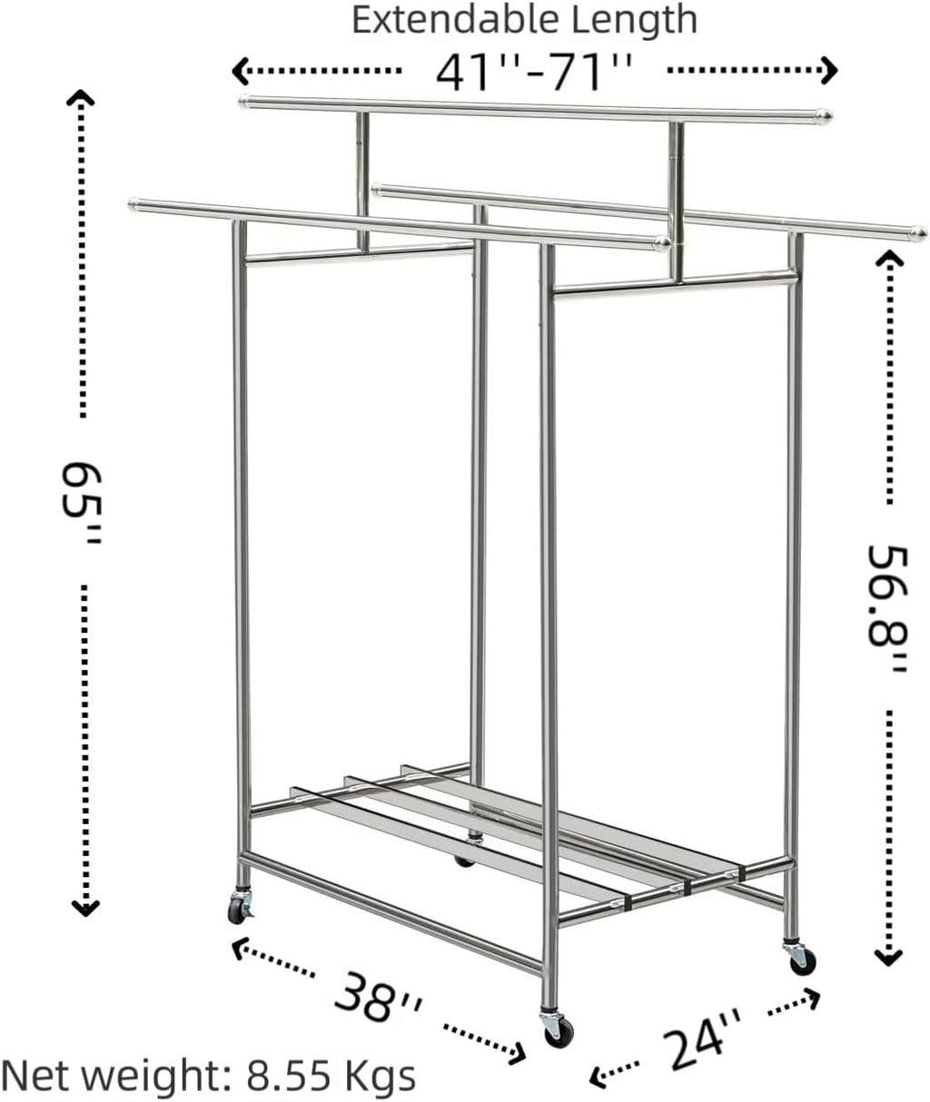 Roeveca Stainless Steel Clothes Rack, 3-Rod Garment Rack for Hanging Clothes with 4 Wheels Load 600 LBS