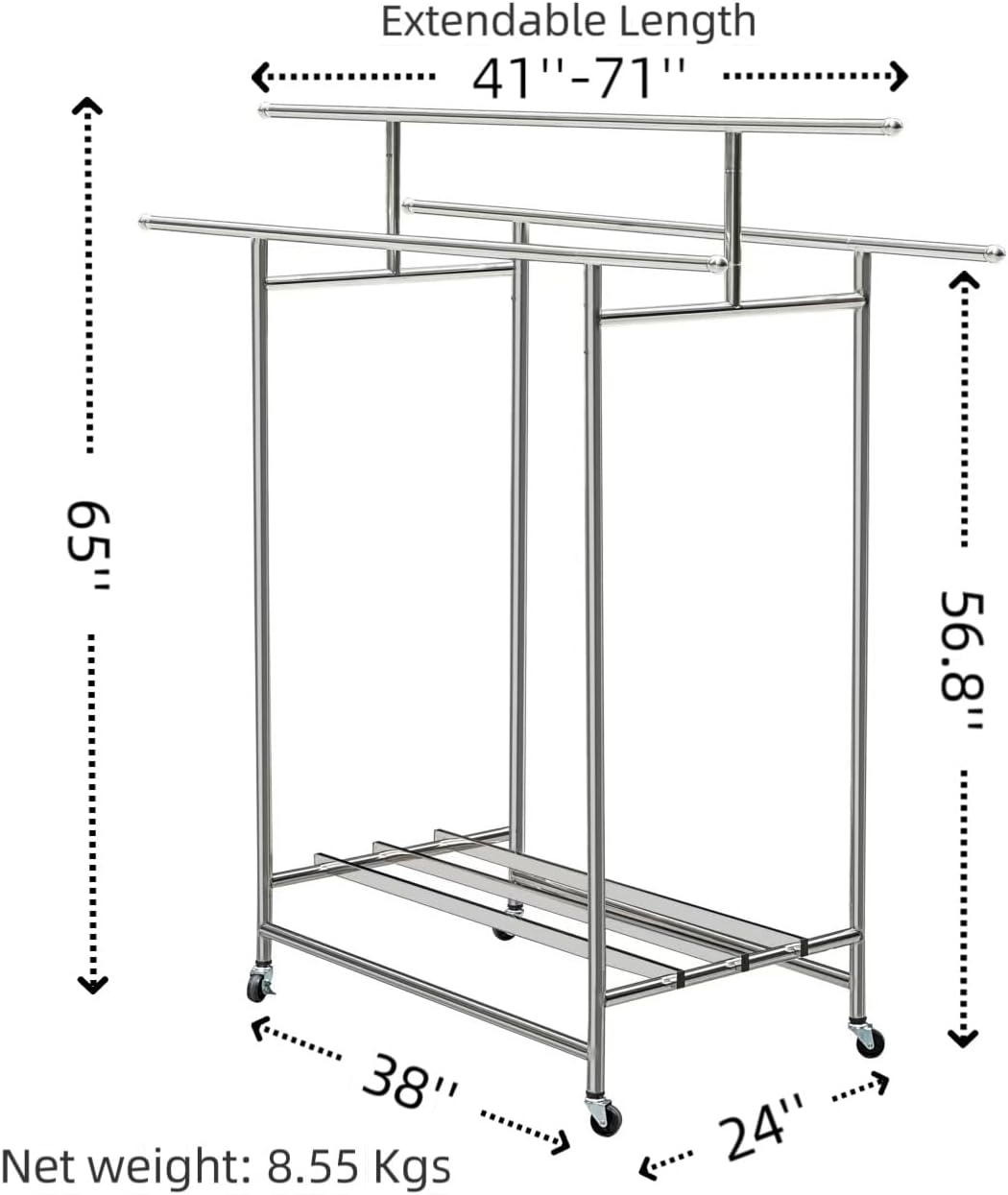 Roeveca Stainless Steel Clothes Rack, 3-Rod Garment Rack for Hanging Clothes with 4 Wheels Load 600 LBS