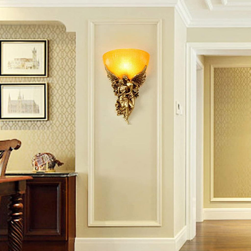 Antique Wall Sconce Light Vintage Sconces with Frosted Glass Shade Gold Angel Shape Design Mid Century Modern Wall Light Unique Resin Finish Indoor Deco Lighting for Living Room Bedroom