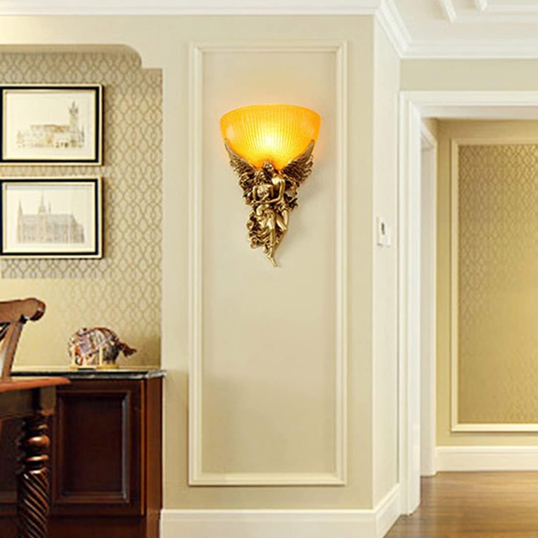 Antique Wall Sconce Light Vintage Sconces with Frosted Glass Shade Gold Angel Shape Design Mid Century Modern Wall Light Unique Resin Finish Indoor Deco Lighting for Living Room Bedroom