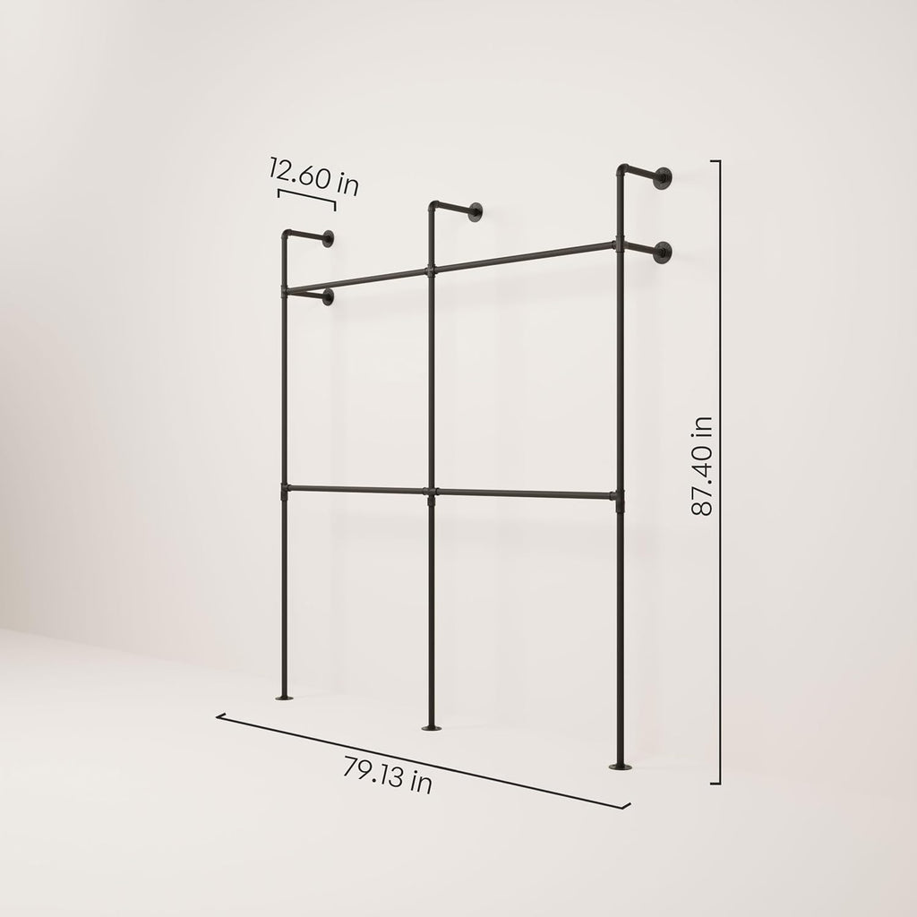 pamo Industrial Pipe Clothing Rack – Wall Mounted Black Closet System in Powder-Coated Steel – 79.13' W × 87.4' H – Easy Setup – Ideal for Walk-In Closets & Retail Use