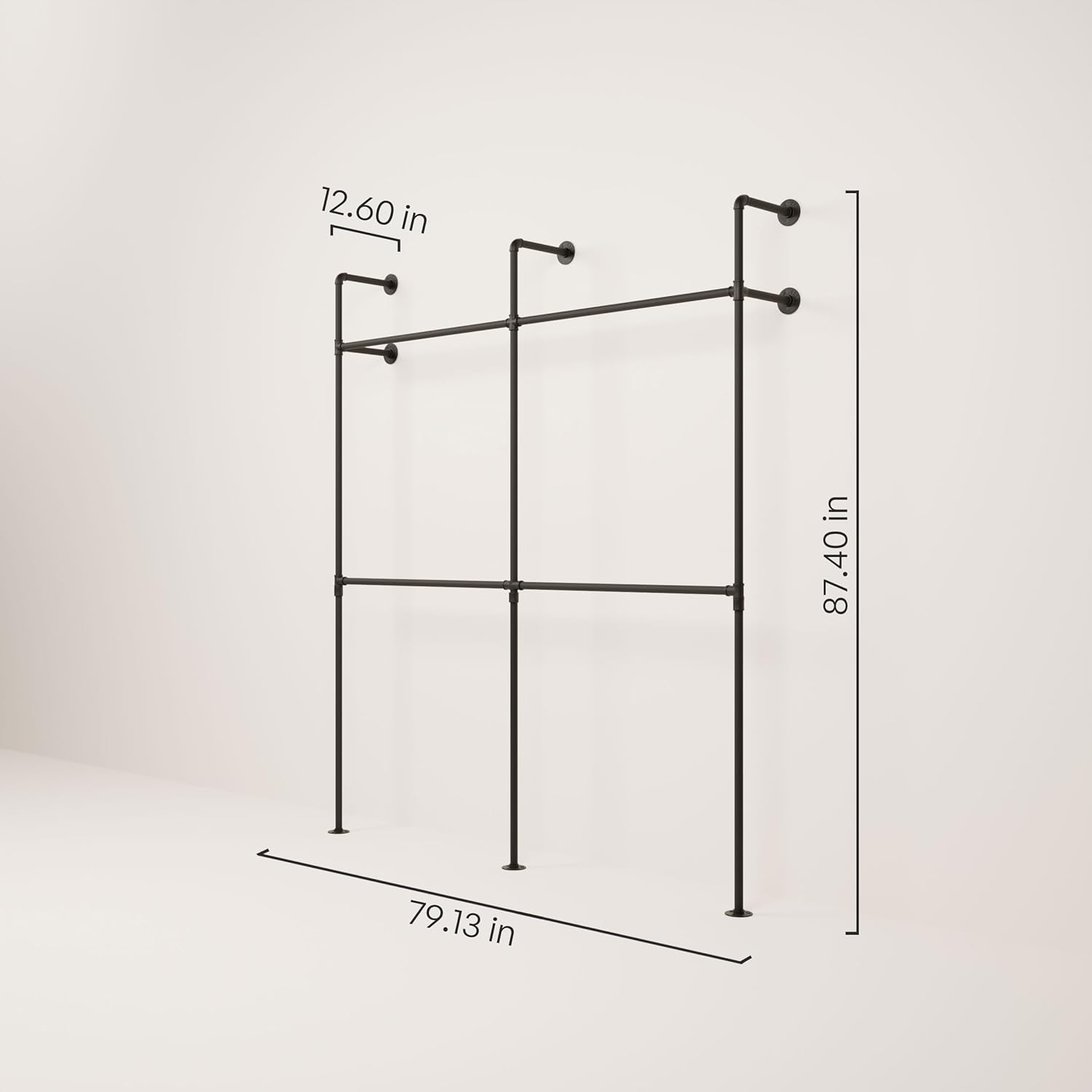 pamo Industrial Pipe Clothing Rack – Wall Mounted Black Closet System in Powder-Coated Steel – 79.13' W × 87.4' H – Easy Setup – Ideal for Walk-In Closets & Retail Use