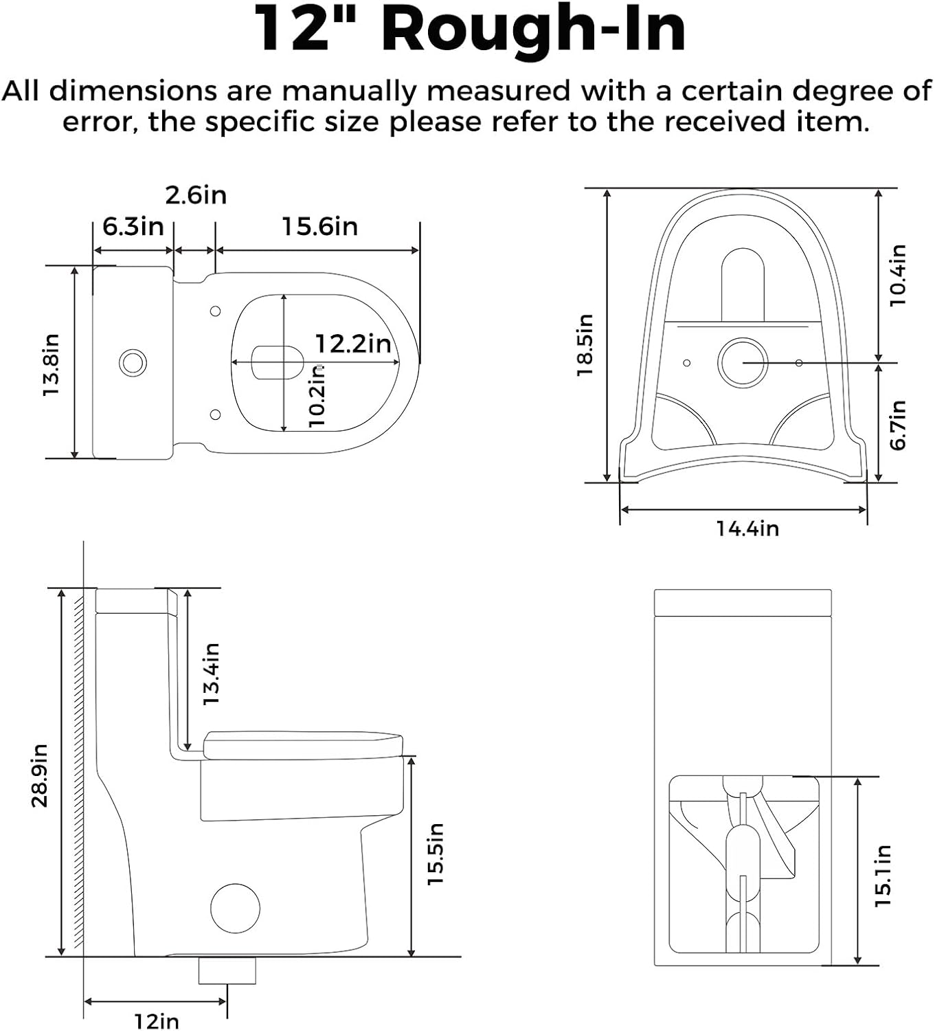 Compact Black One Piece Toilet with Soft-close Seat Lid, Power Dual Flush 1.2/1.85 GPF, Standard White Toilet Bowl, Space-saving Design For Limited Layouts,12'' Rough-in