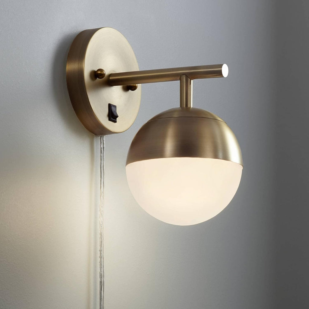 360 Lighting Luna Mid Century Modern Wall Lamps Set of 2 Brass Metal Plug-in 5 1/2' Fixture Frosted Glass Sphere Shade for Bedroom Bedside House Reading Living Room Home Hallway Dining