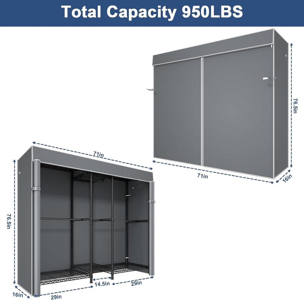 Ulif E12C Pro Heavy Duty Closet Organizer System，Freestanding Clothing Racks for Hanging Clothes，Adjustable Garment Rack 71'W x 16'D x 76.5'H Hold 960lbs，Black Clothing Rack with Grey Dustproof Cover