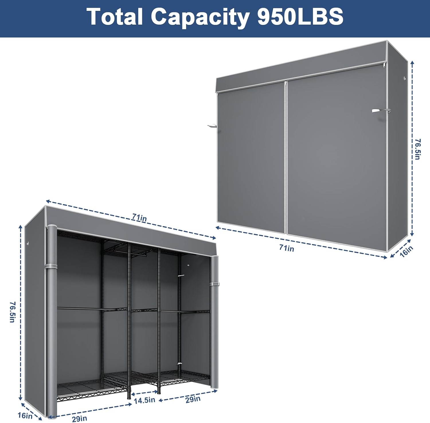 Ulif E12C Pro Heavy Duty Closet Organizer System，Freestanding Clothing Racks for Hanging Clothes，Adjustable Garment Rack 71'W x 16'D x 76.5'H Hold 960lbs，Black Clothing Rack with Grey Dustproof Cover
