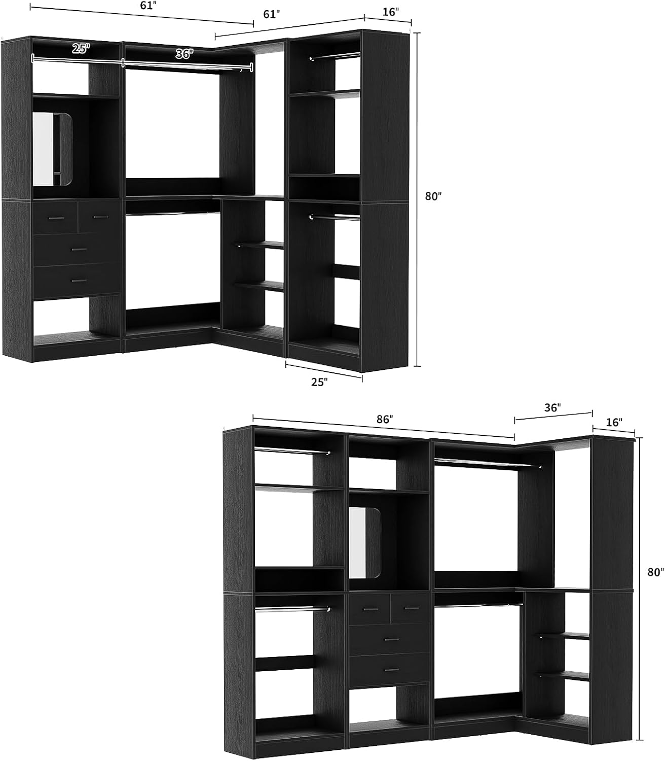 Unikito 86' Closet System, Corner Closets Organizer with Hanging Rods and Mirror, Freestanding Adjustable Clothes Garment Racks with Drawers, Sturdy Walk in Closet Kit with 3 Set Closets Tower, Black