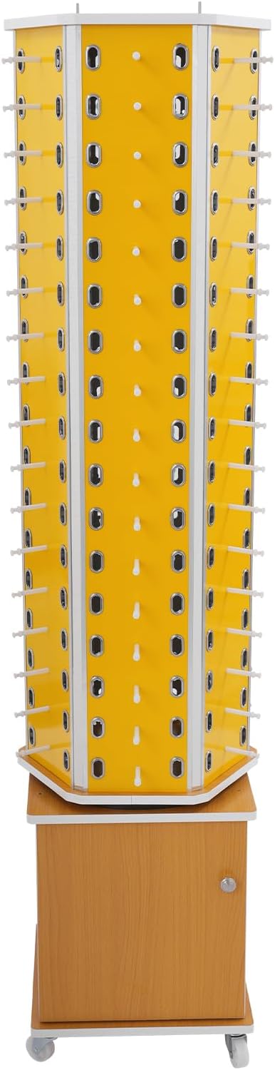 Sunglasses Retail Display Rack, 6-Sided Wood Floor-standing Eyeglass Holder, 102-Pair Eyewear Holder, 360°Rotating, with Storage Cabinet & 4 Swivel Wheels for Retail Exhibition (Yellow)
