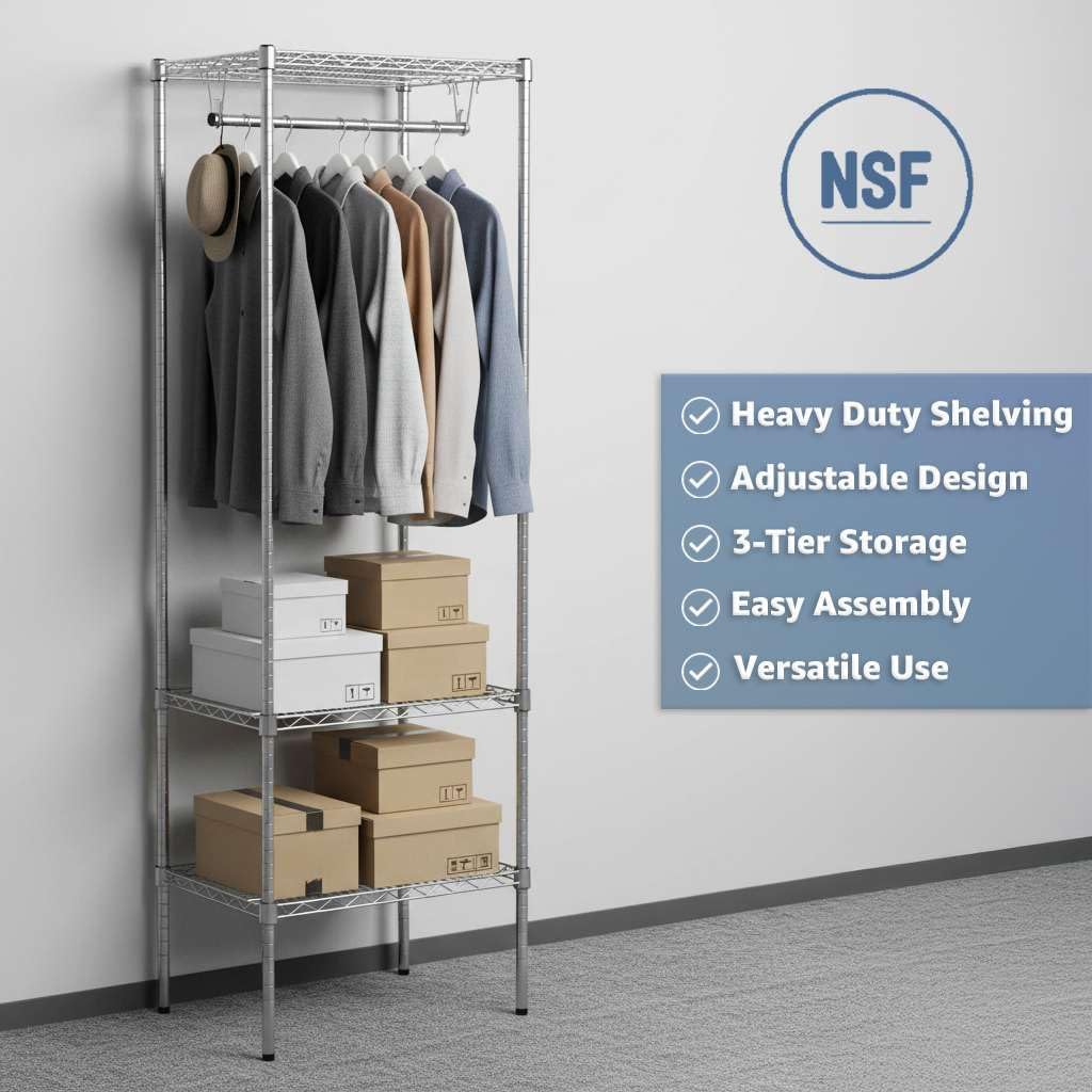 18' x 24' x 74' NSF Chrome Clothes Rack, Heavy Duty Garment Shelf Organizer for Clothes and Shoes