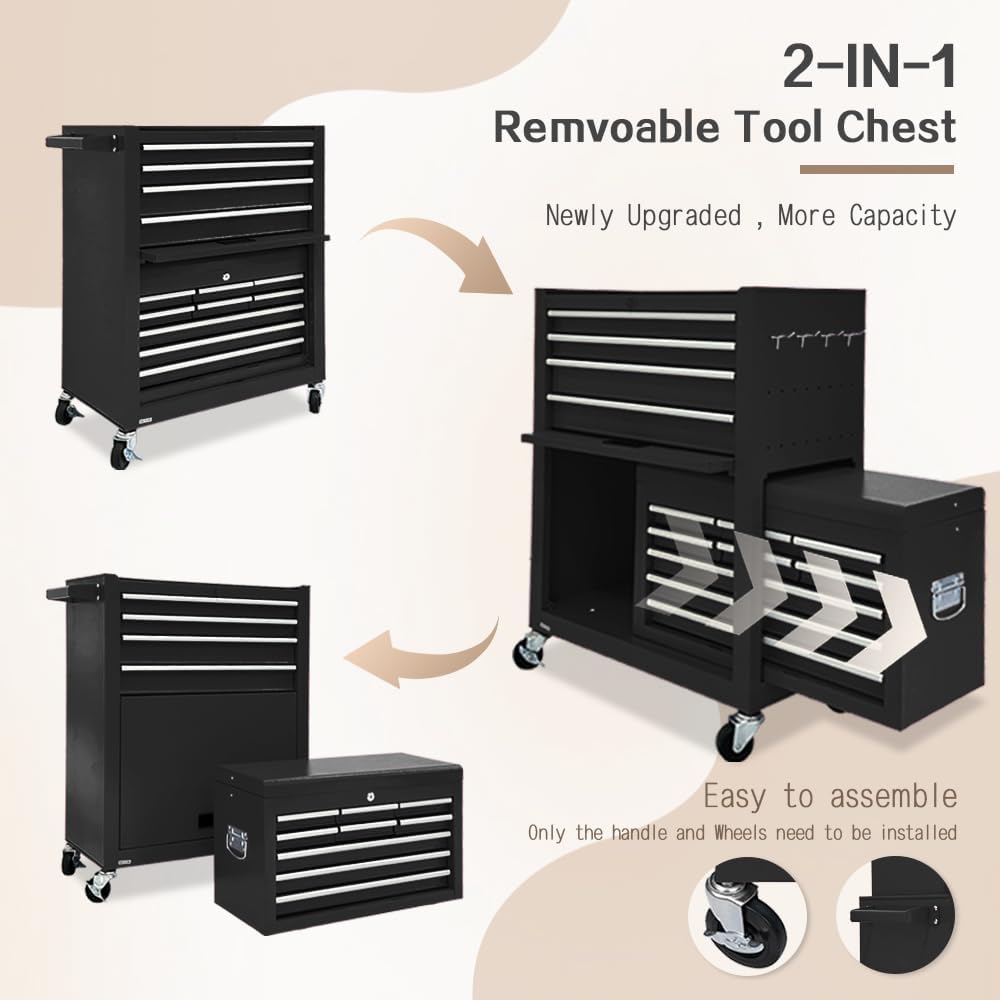 13-Drawer Tool Chest with Toolbox and wheels, Large Detachable Tool box with Sliding Drawers, Mechanic Storage Cabinets, Metal Tool Cart for Garage Workshop (BLACK)