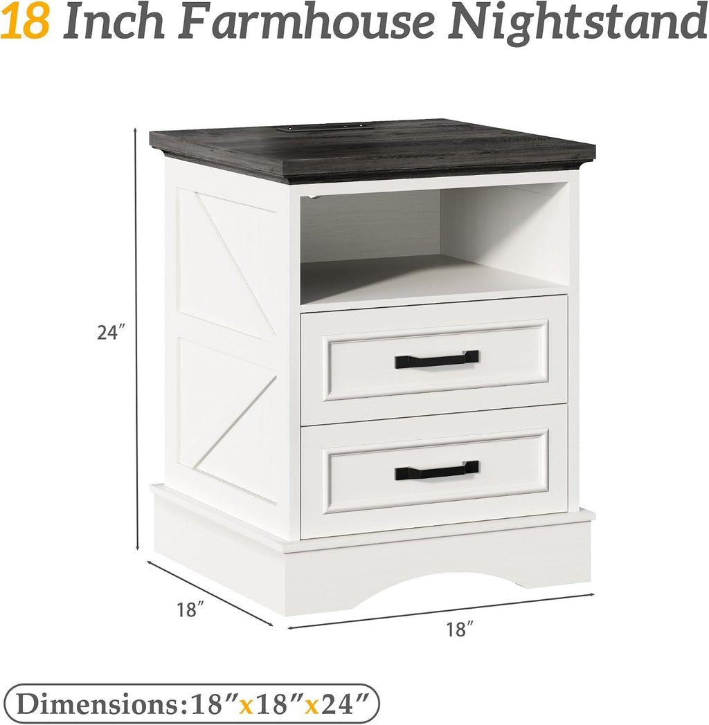 Fluest 24' Tall Farmhouse Nightstands Set of 2, Night Stands with Fast Charging Station, Beside Tables with Drawers and Open Storage, Rustic End Tables for Bedroom, Antique White