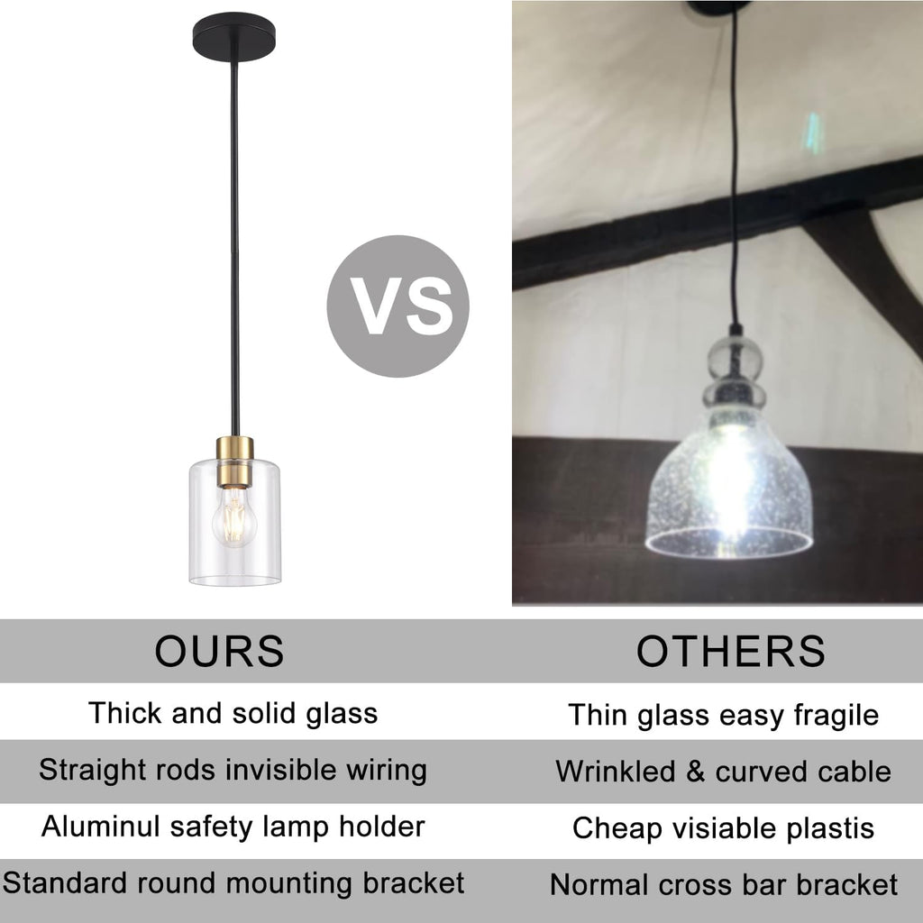 Modern 3 Pack Black Gold Pendant Lights for Kitchen Island, Brushed Brass Modern Hanging Light with Clear Glass Shade, Adjustable Metal Rod Pendant Lighting for Dining Room, Living Room, Bar, Entryway