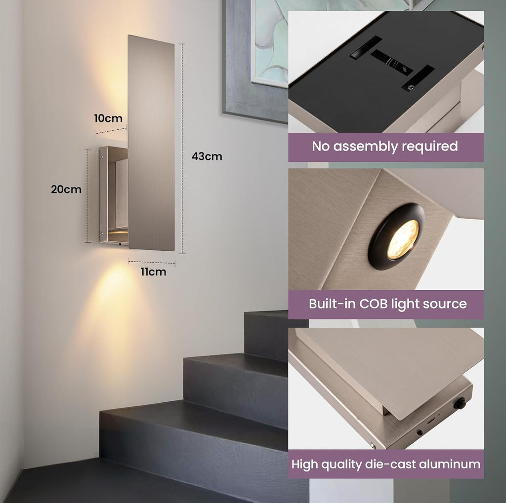 Brushed Nickel Battery Operated Wall Sconces Set of Two,Dimmable Wireless Battery Wall Sconce with Remote,USB Rechargeable LED Wall Lights for Living Room Bedroom Hallway (Brushed Nickel)