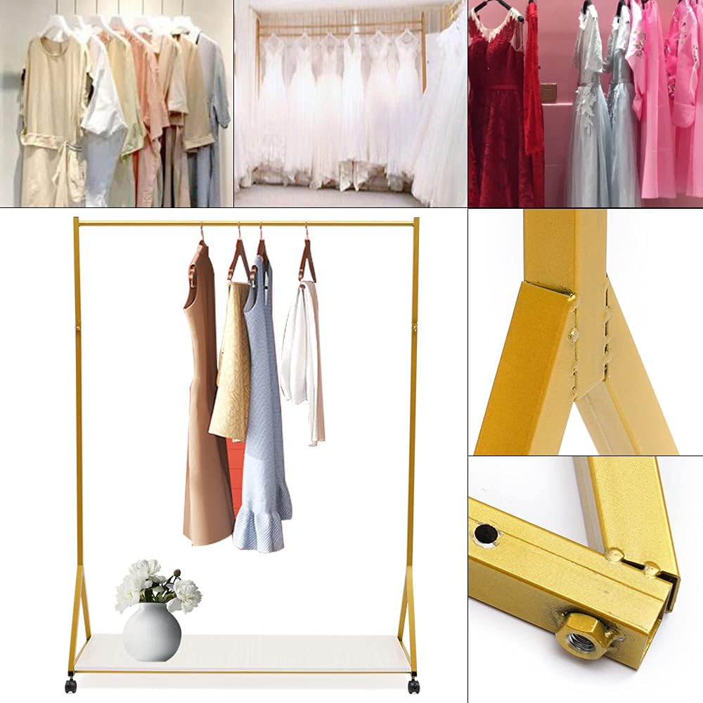 Modern Heavy Duty Metal Rolling Garment Rack with Wheel Industrial Pipe Clothes Rack with Wood Shelf Retail Display Clothing RackSingle Rod Floor-Standing Hangers, Gold