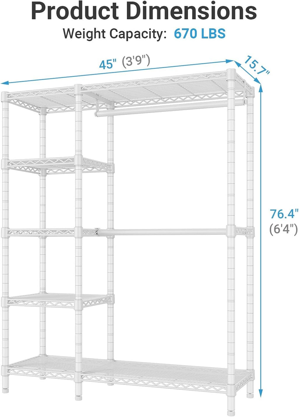 VIPEK V7C Garment Racks with Cover Portable Closets for Hanging Clothes, Heavy Duty Clothes Rack with Shelves Metal Closet Wardrobe, Max 670lbs, White Rack with Black Upgraded Polyester Cover