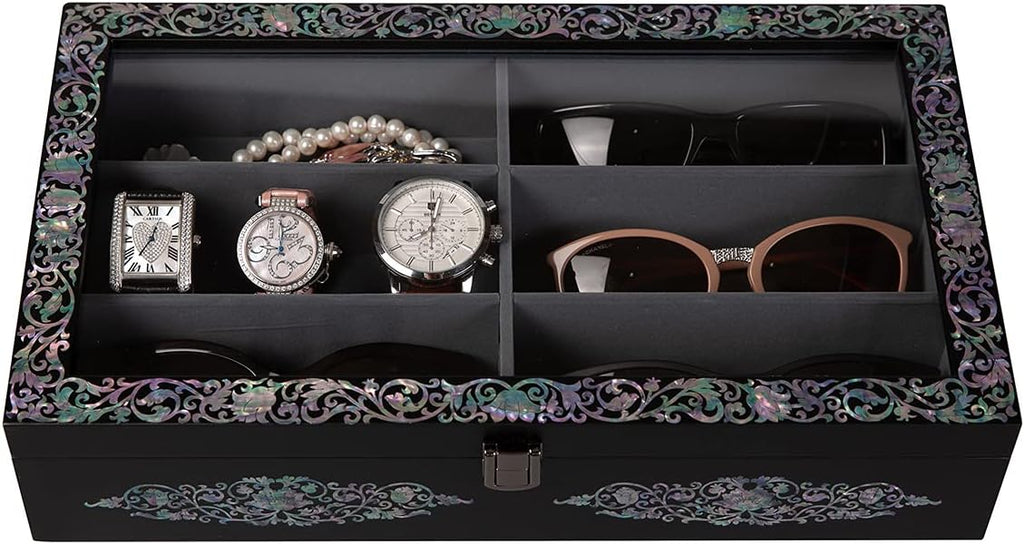 Mother of Pearl Wood Sunglasses Box Eyeglasses Valet Display Storage Case for Glasses, Watches, Jewelry, Trinkets Wooden Accessory Organizer Gift (Arabesque Black)