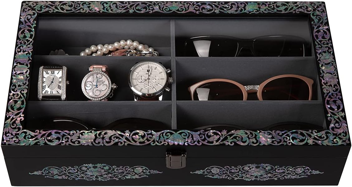 Mother of Pearl Wood Sunglasses Box Eyeglasses Valet Display Storage Case for Glasses, Watches, Jewelry, Trinkets Wooden Accessory Organizer Gift (Arabesque Black)