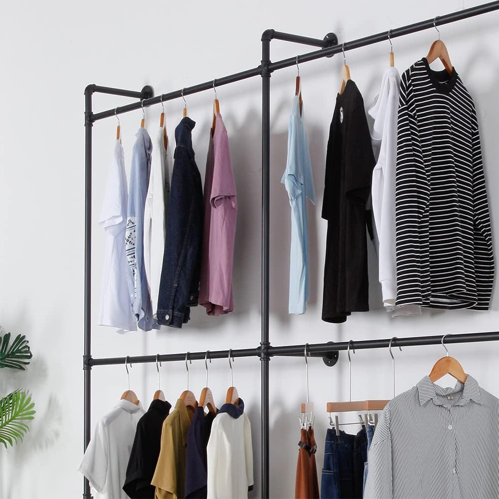 Industrial Pipe Clothing Rack Heavy Duty Double Closet Rod Clothes Rack, Clothing Rods for Hanging Clothes, Wall Mounted Clothes Garment Rack Closet System 90in Black