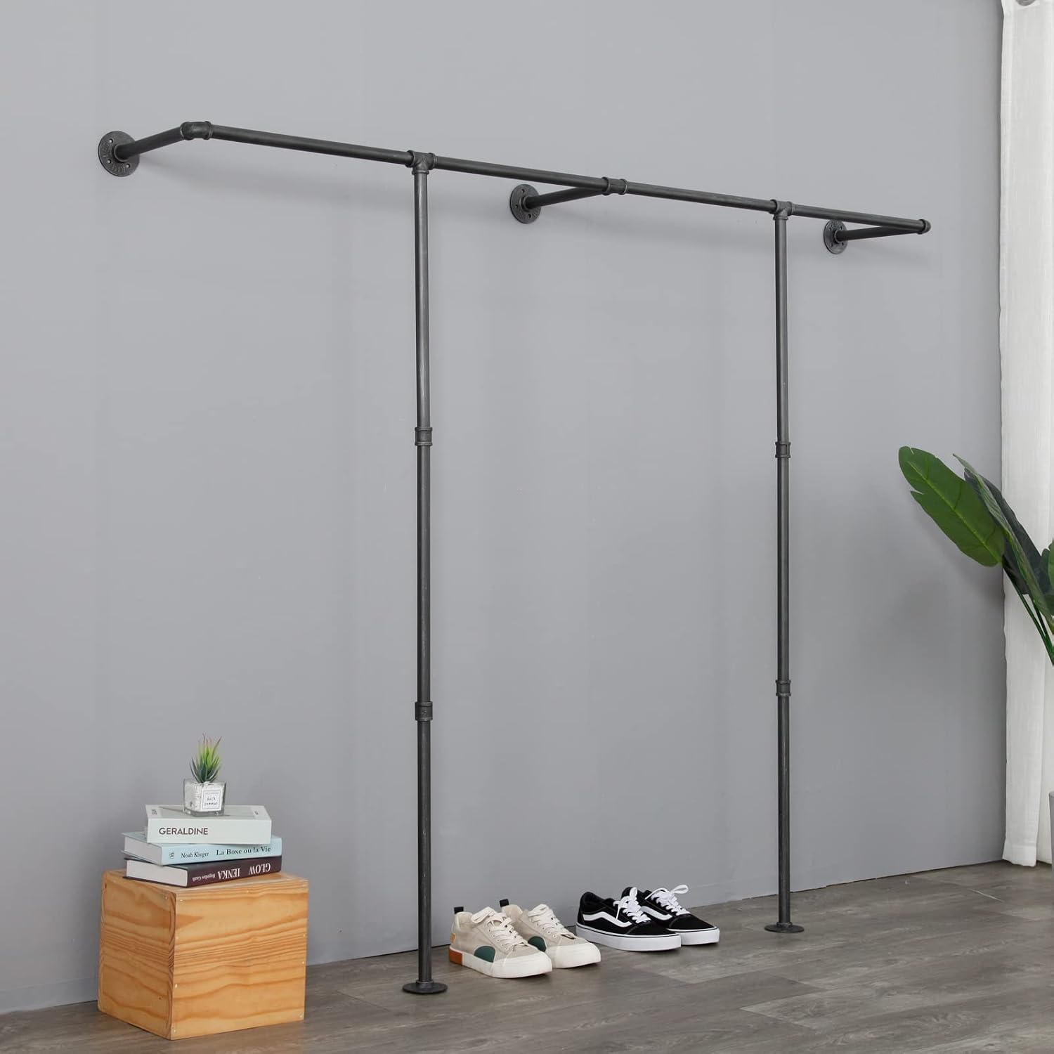 Industrial Pipe Clothes Rack, Heavy Duty Wall Mounted Black Iron Garment Bar,Retail Display Rack Closet Storage Clothes Organizer (80.7, Black)