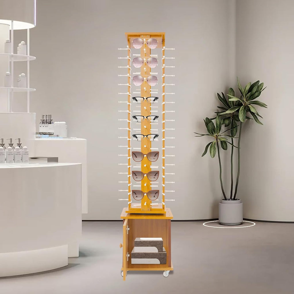 Retail Eyeglass Displays & Racks,Rotating Glasses Display Stand Holds up to 72 Pairs, Floor Standing Wood Eyewear Hanging Rack, Commercial Sunglasses Storage Organizer