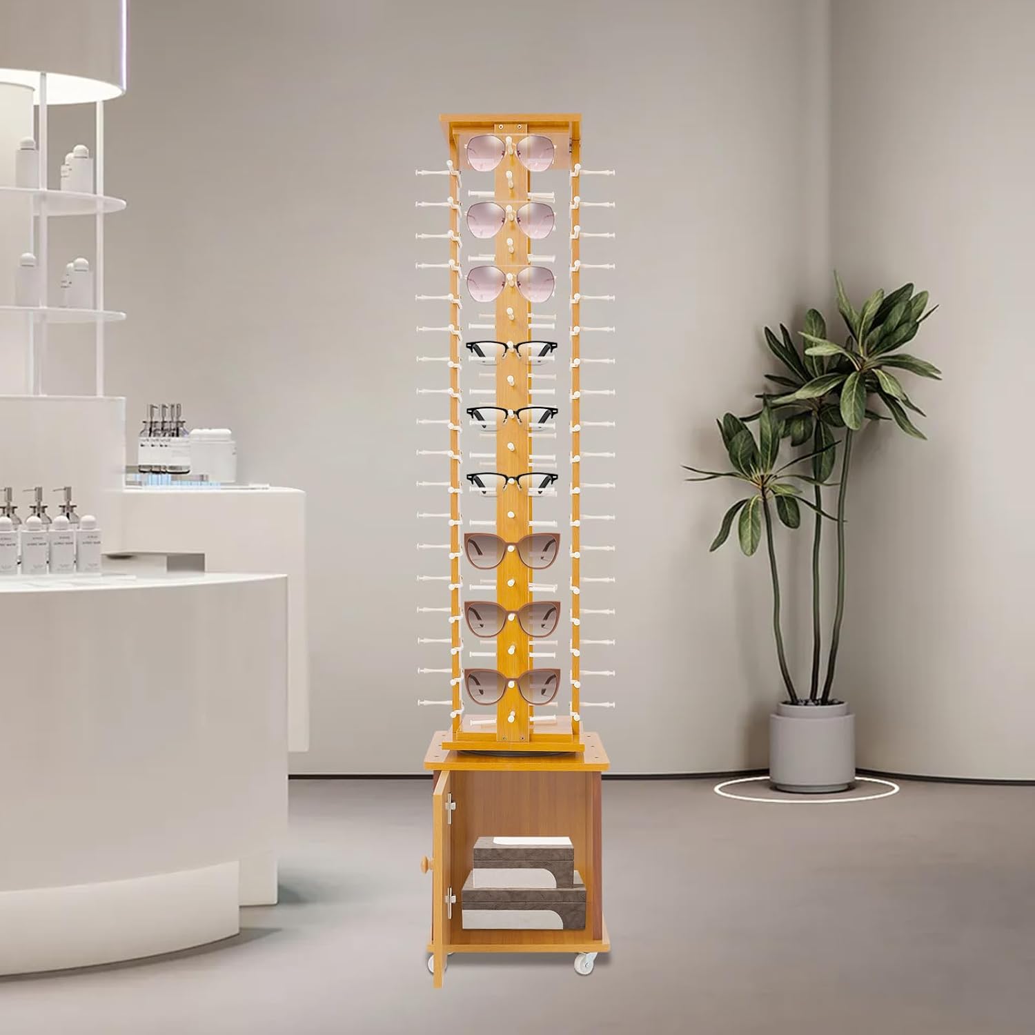Retail Eyeglass Displays & Racks,Rotating Glasses Display Stand Holds up to 72 Pairs, Floor Standing Wood Eyewear Hanging Rack, Commercial Sunglasses Storage Organizer