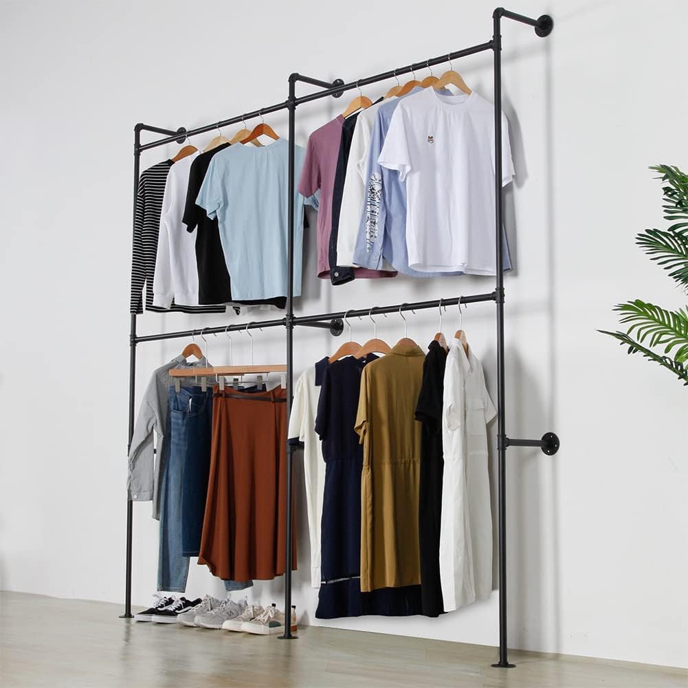 Industrial Pipe Clothing Rack Heavy Duty Double Closet Rod Clothes Rack, Clothing Rods for Hanging Clothes, Wall Mounted Clothes Garment Rack Closet System 90in Black