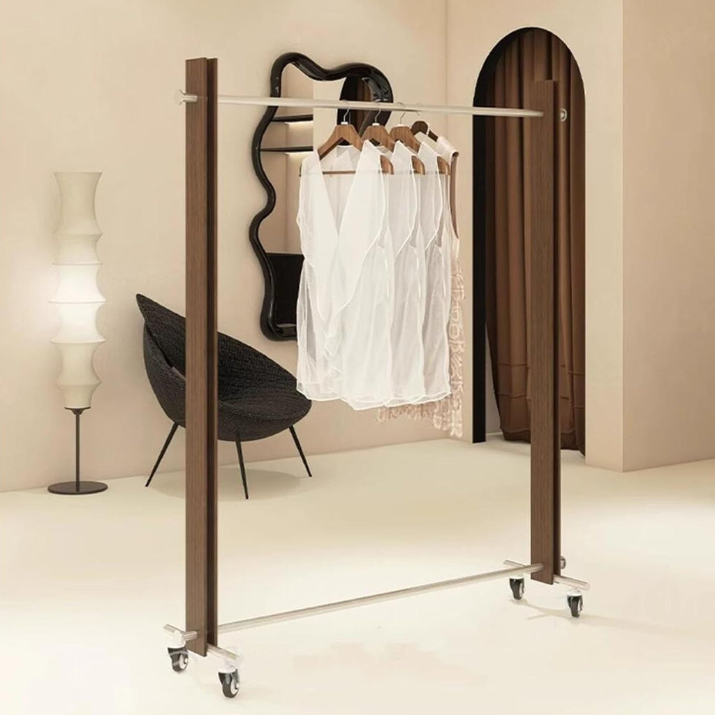 XPLKQXE Clothing Store Rolling Garment Rack with Wheel, Commercial Clothes Display Stand, Portable Standing Clothes Garment Rack, Standing Closet, Metal and Wood(Brown,100x40x170cm)