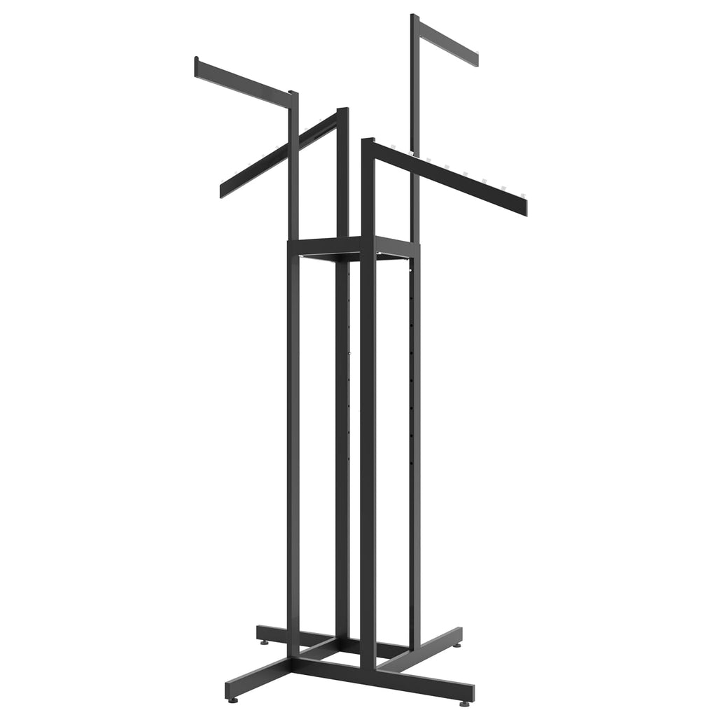 Econoco 4-Way Clothing Rack, Heavy Duty Adjustable Garment Display with 2 Straight and 2 Slanted Arms, Square Tubing, Black