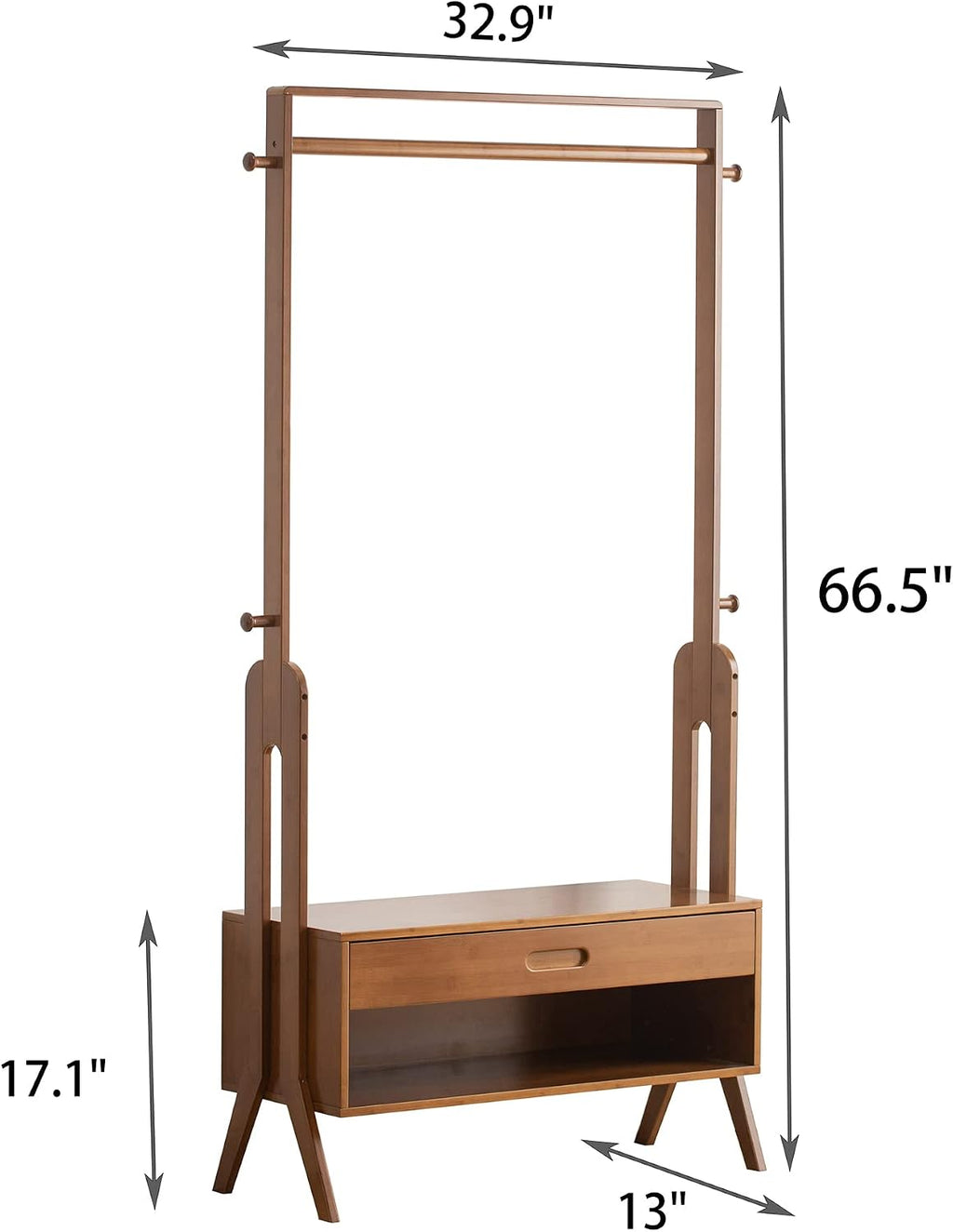 Bamboo Wooden Garment Rack Freestanding Closet Organizers and Storage Drawers with Seat&Hooks, Coat Rack, Open Wardrobe for Entryway and Bed Room Storage (32.9(L) x 13(W) x 66.5(H))